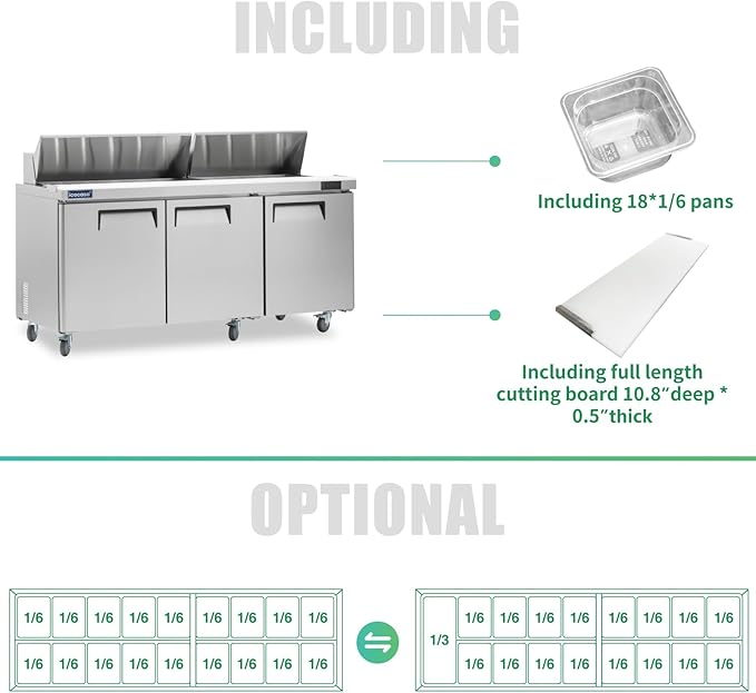 ICECASA 72" W Commercial Refrigerator Sandwich&Salad Prep Table 3 Door Stainless Steel Counter Fan Cooling Refrigerator with 18 pans-72 Inches for Restaurant, Bar, Shop, etcI