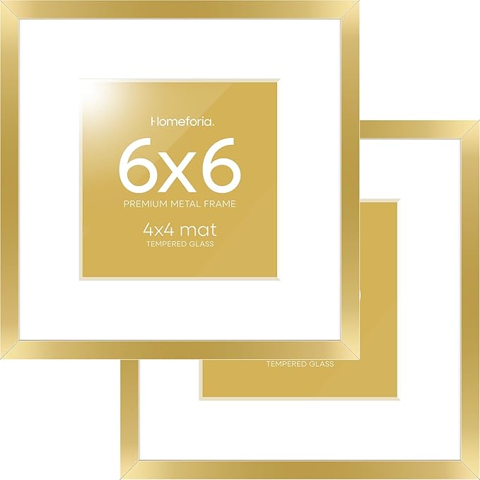 Homeforia 6x6 Picture Frame Gold, High End Metal 6 x 6 Square Photo Frames with Mat 4 by 4, 6x6 Poster Frame Matted to 4x4 inches Print, 6by6 Wall or Tabletop Frame, Tempered Glass, Wall Kit, Set of 2