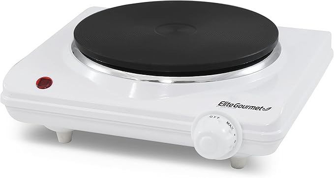 Elite Gourmet ESB-301F Countertop Single Cast Iron Burner, 1000 Watts Electric Hot Plate, Temperature Controls, Power Indicator Lights, Easy to Clean, White