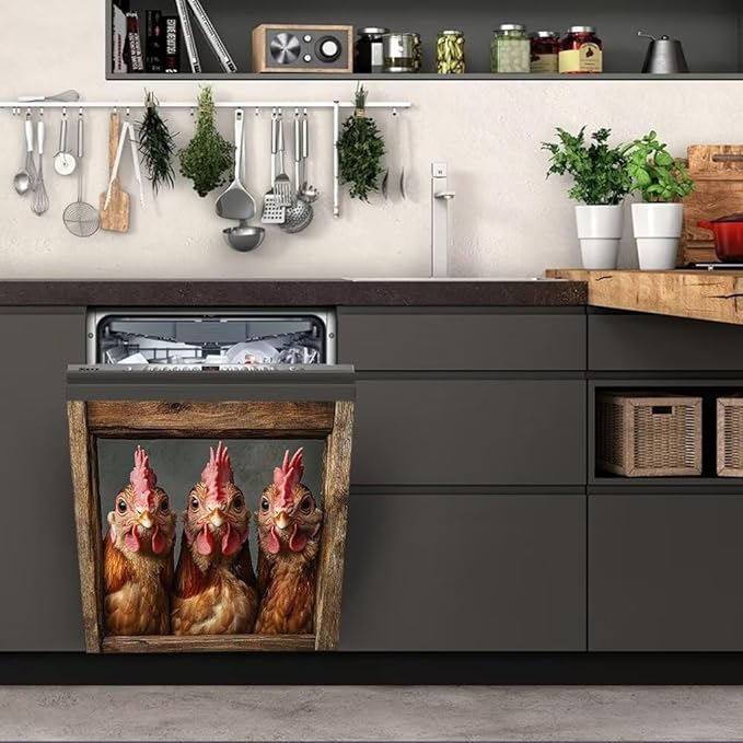 Country Rooster Dishwasher Magnet Cover, Farm Hen Dishwasher Cover for Kitchen Decoration, Chicken Magnetic Refrigerator Magnet Cover Funny Fridge Decal, 23"X26"