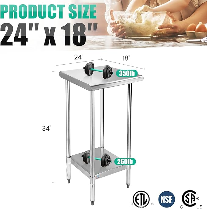 STABLEINK NSF Stainless Steel Table, 24 x 18 Inches Small Metal Prep & Work Table with Adjustable Undershelf, for Commercial Kitchen, Restaurant, Hotel and Garage