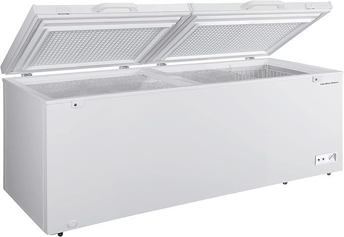 Hamilton Beach 25 Cu. Ft. Garage Ready Chest Freezer, White Deep Freezer, Adjustable Thermostat, Easy Defrost Drain, Double Door Lid, for Storage, Hunting, Large Family - 29"D x 79"W x 38"H