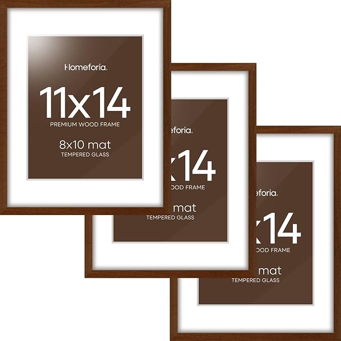 Homeforia 11x14 Brown Picture Frame, High End Dark Oak 11x14 Walnut Poster Frame with Mat 8x10, 11 x 14 Wooden Frame Matted to 8 by 10 inch Photo, 14x11 Thin Frames, Tempered Glass, Wall Kit, Set of 3
