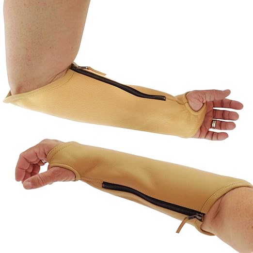 Arm Chaps Extended Elbow Leather Arm Guard - Arm Sleeve Protectors for Thin Skin and Bruising, Scratches & Cuts - Protective Arm Sleeve for Any Age- Left & Right Form-Fitting - Tan (1Pair/XX-Small).
