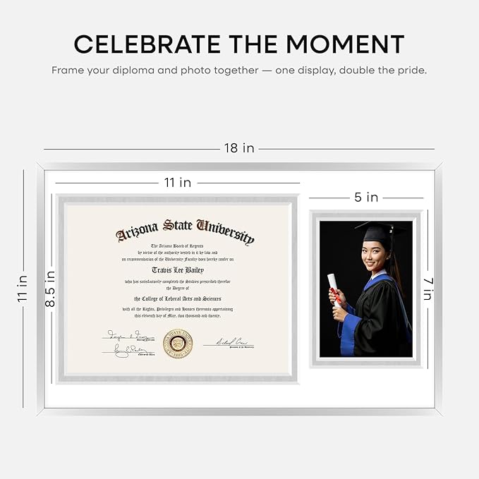 Homeforia 11x18 Silver Diploma Frame with Photo, High End Metal 11 x 18 Certificate Frame with Mat for 8.5x11 Diploma and 5x7 Picture, 18x11 Award Graduation Frames, Tempered Glass, Wall Kit, Set of 1