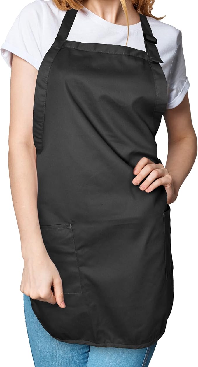 DALIX Apron Commercial Restaurant Home Bib Spun Poly Cotton Kitchen Aprons (2 Pockets) in Black 2 Pack