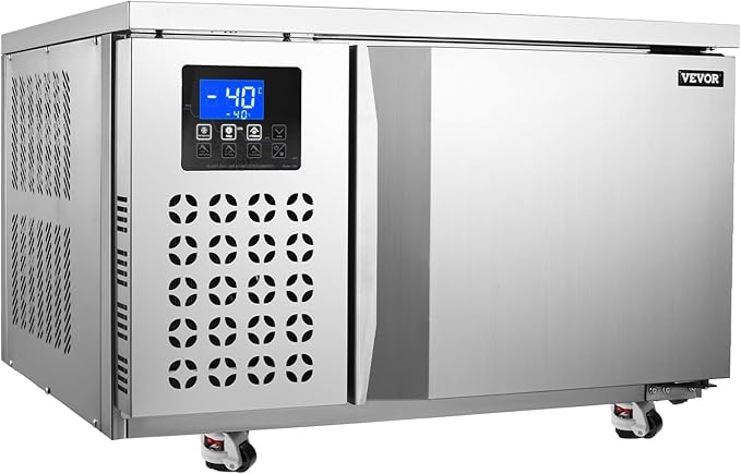 VEVOR 80 L Blast Chiller, 3 Trays Commercial Flash Freezers, <-31~68°F> 4 Modes Chest Shock Frozen, 304 Stainless Steel Flash Freezer, 360° De-frost Blast Chiller with Casters for Seafood, Ice Cream