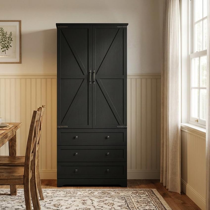 IDEALHOUSE Farmhouse Kitchen Pantry Cabinet - 72" Tall Large Wood Kitchen Storage Cabinets with Adjustable Shelves & 2 Barn Doors & 3 Drawer, Versatile Storage for Dining Room, Bathroom, Living Room