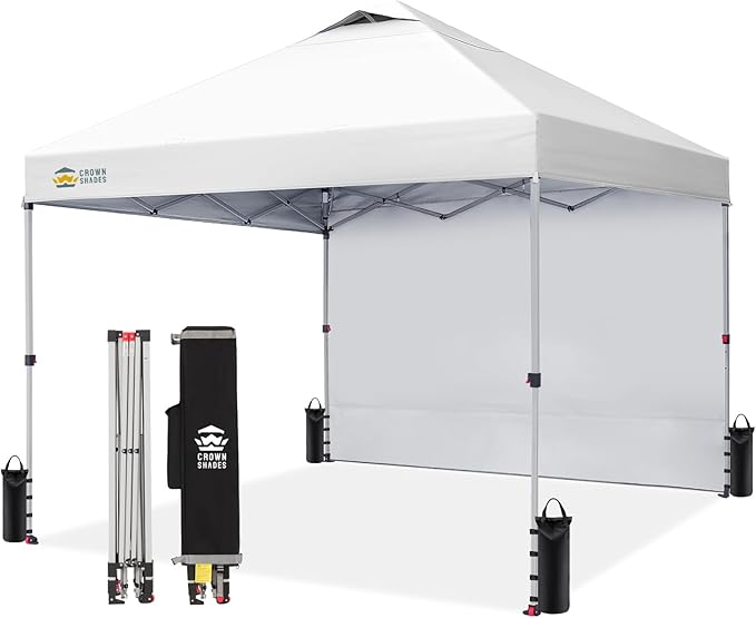 CROWN SHADES 10x10 Pop Up Canopy with 1 Side Wall - Beach Tent with One Push Setup - Outdoor Sun Shade for Events, Parties, Camping - Gazebo with STO-N-Go Cover Bag (White)
