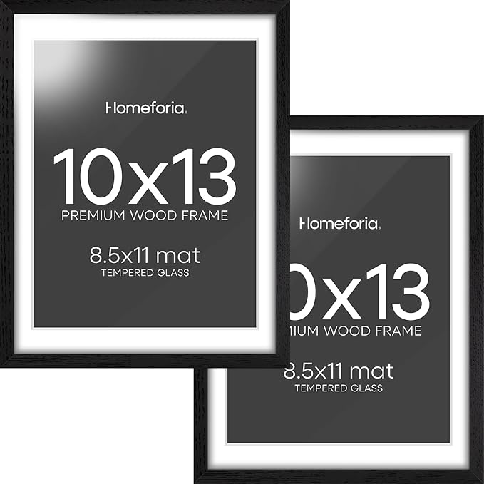 Homeforia 10x13 Picture Frame Black Wood, High End Oak 10x13 Poster Frames with Mat 8.5x11, 10 x 13 Wooden Frames Matted to 8.5 x 11 inch Photo, 13x10 Hanging Frame, Tempered Glass, Wall Kit, Set of 2