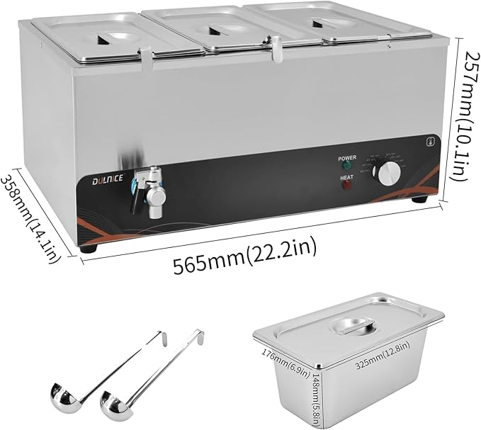 Commercial Food Warmer, 3 Pan 25QT Bain Marie Stainless Steel Electric Food Warmers, 1500W Buffet Warmer Soup Warmer with Temperature Control, Tap, Soup Spoon, for Catering Parties Restaurants
