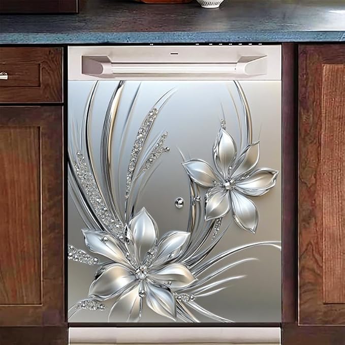 Silver Floral Dishwasher Magnet Sticker Cover Panel Decal Refrigerator Magnetic Sticker Decorative for Kitchen Decoration Anti-Scratch Magnetic Stickers Fridge Refrigerator Panel 23x26 Inch