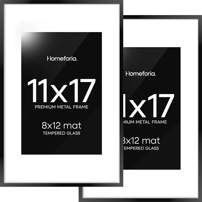 Homeforia 11 x 17 Picture Frame Black, High End Metal 11x17 Poster Frames with Mat 8x12 for Photo, 11 x 17 Black Frame Matted to 8 x 12 inch Print, 17x11 Thin Frame, Tempered Glass, Wall Kit, Set of 2