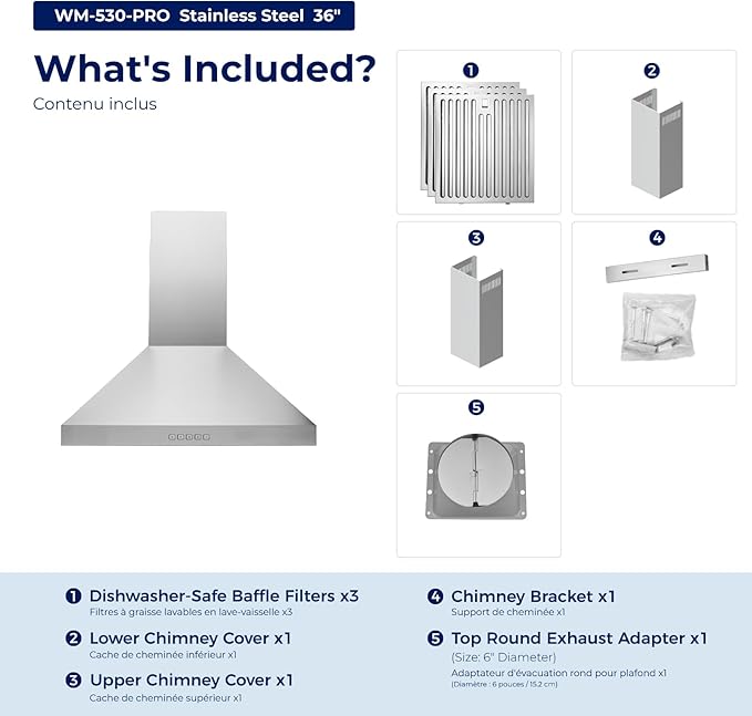 Hauslane Wall Mount Range Hood 36 Inch, Pro Model, Stainless Steel Range Hood, Strong Suction, Changeable LED Lamps, 6” Duct or Ductless, Kitchen Hood Vent, Stove Hood Vent