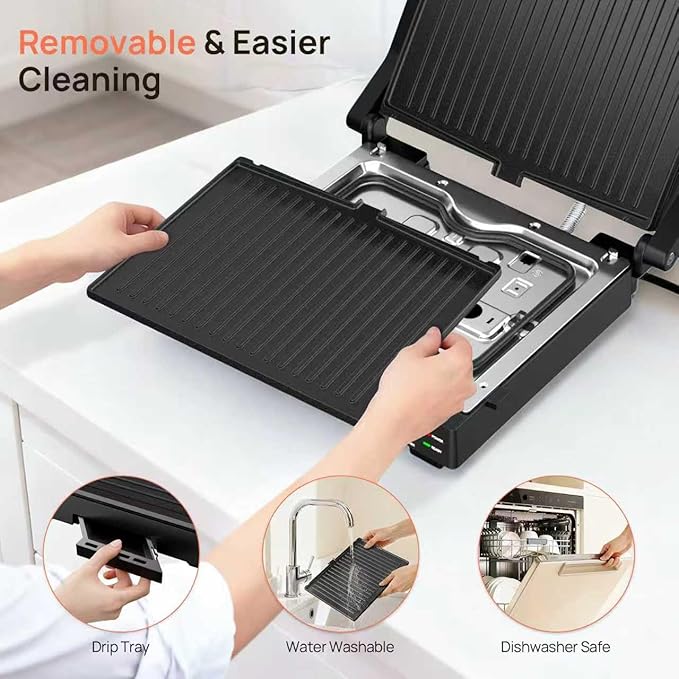 Electric Indoor Grill, 14'' Panini Press Grill, 1600W Electric Grill for Steak, Burger, Sandwich, 450℉ Dual Cooking Plates, 180° Flat Griddle, Removable Non-stick Grill & Drip Tray, Dishwasher Safe