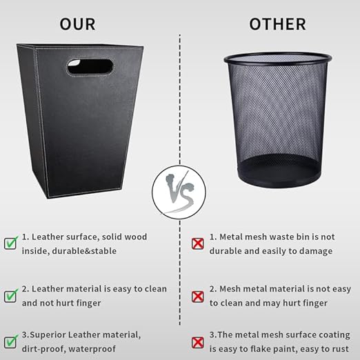 GORESE Pu Leather Trash Can for Bedroom, 16L/4.2 Gallon Office Wastebasket with Handles for Near Desk, Black Bathroom Garbage Cans for Home Decorative, Square Waste Basket Bin for Dorm Easy to Clean