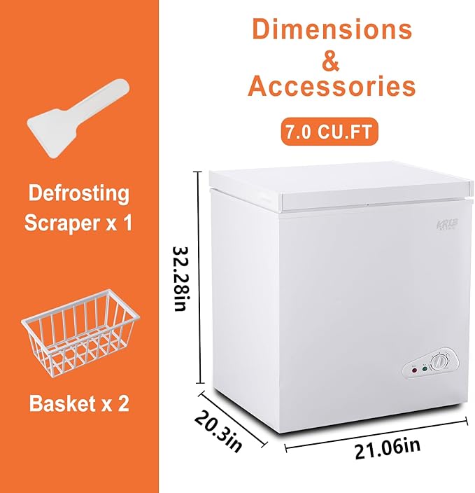 7.0 Cu.Ft Compact Chest Freezer with Removable Basket, Krib Bling Top Door Open Freestanding Deep Freezer with 7 Gears Temperature Adjustment, Ideal for Home, Kitchen & Office, White
