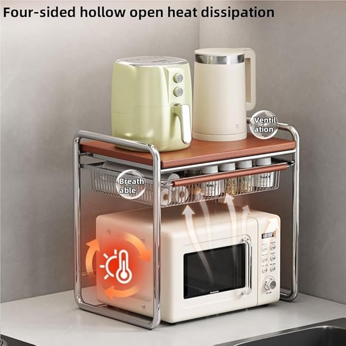 Multifunctional Microwave Stand with Storage, Solid Wood Spice Rack, Kitchen Countertop Organizer Shelf for Rice Cooker, Oven, Air Fryer and Seasoning(48cm/18.9in)