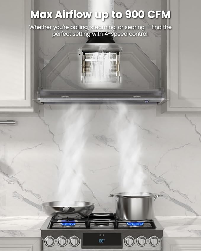 JOCO 30 Inch Range Hood Insert, 900 CFM Stainless Steel Built-In Kitchen Vent Hood, Convertible for Ducted or Ductless Installation, 4-Speed Knob Control, Model B02-30K