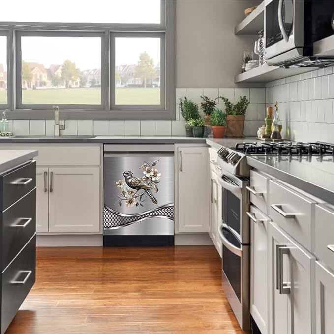 Imitation Stainless Steel Design Bird Painting Dishwasher Magnet Cover Panel Magnetic Refrigerator Cover Sticker for The Front Door Cover,23W x 17H inchs