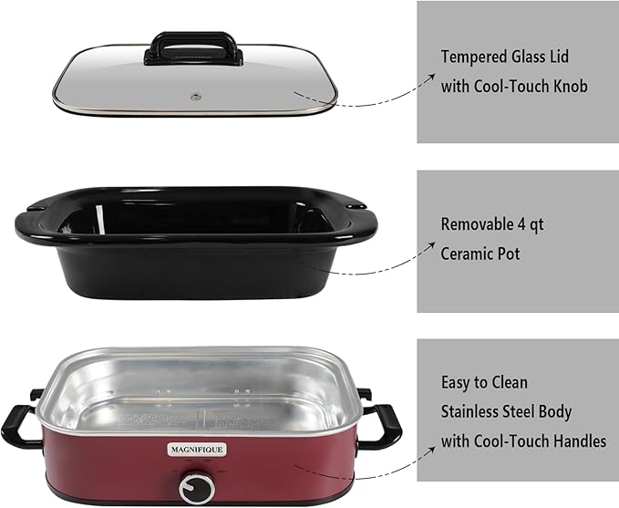 4-Quart Slow Cooker with Casserole Manual Warm Setting - Perfect Kitchen Small Appliance for Family Dinners, Dishwasher Safe Crock, Red