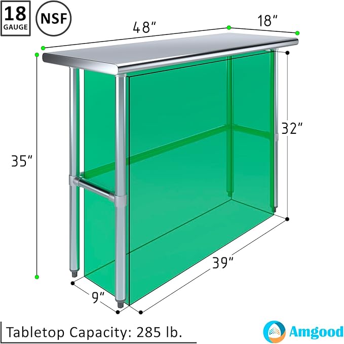 AmGood Stainless Steel Work Table Open Base | NSF Kitchen Island Food Prep | Laundry Garage Utility Bench (48" Long X 18" Deep)