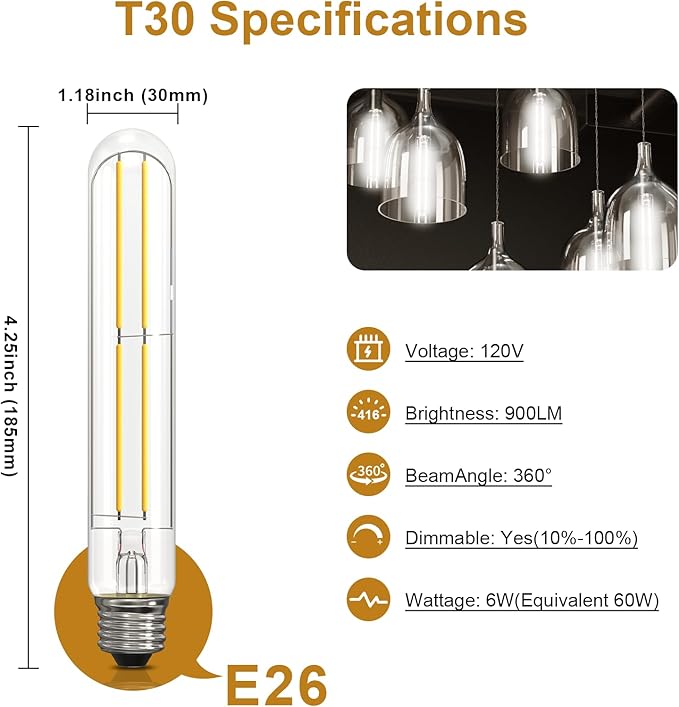ASOKO 7.3 Inch E26 Led Bulb 6W Dimmable, 4000K Daylight Edison Bulbs 900LM, Tubular T30 Clear Glass Light Bulb 3 Pack
