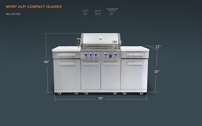 Mont Alpi Premium 70"W x 24"D Stainless Steel Compact Outdoor Kitchen Island with Access Doors + 32"W 4-Burner BBQ Gas Grill with Infrared Rear Burner + Storage Cabinets + White Granite Countertops