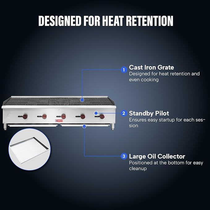 WESTLAKE 60"W Commercial Charbroiler Gas Countertop 5 Burner Natural Gas and Propane 150,000 BTU Char Broiler Stainless Steel BBQ Stove Grill for Restaurants