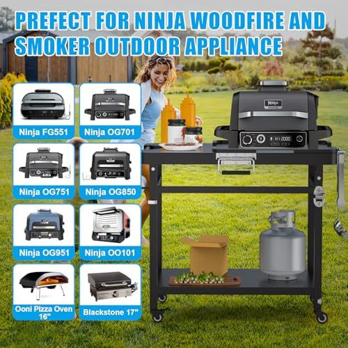 Outspark Grill Stand for Ninja Woodfire Outdoor Portable Prep Cart Table Station for Ninja XSKUNSTAND OG700 OG321 OG900 OO101 Series and Smoker Pizza Oven Accessories with Wheels & Grill Cover