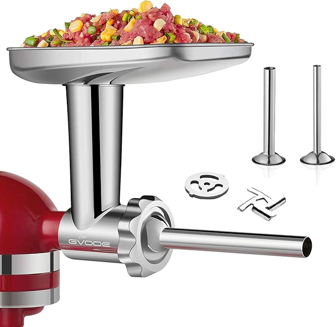 GVODE Stainless Steel Meat Grinder Attachment for KitchenAid Stand Mixer, Meat Grinder for KitchenAid Includes 4 Grinding Plates & 3 Sausage Tubes, Dishwasher-Safe Design with Sausage Stuffer Kit
