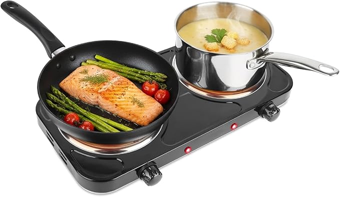 2000W Double Burner Cooktop, Portable Electric Stove, Coil Hot Plate Cooking Stove with 5 Temperature Adjustments, Countertop Burner Cooktop for Camping Home Dorm