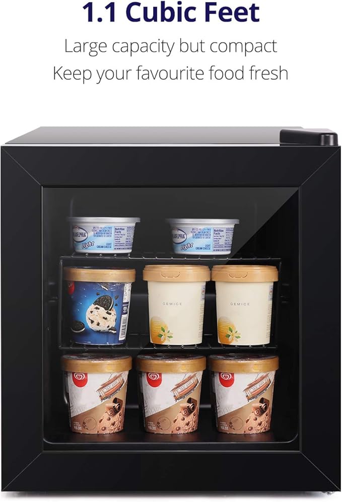 Northair Compact Mini Freezer with Glass Display Door - 1.1 Cu Ft with 2 Removable Shelves - Quiet Upright Freezer - 7 Temperature Settings - Black