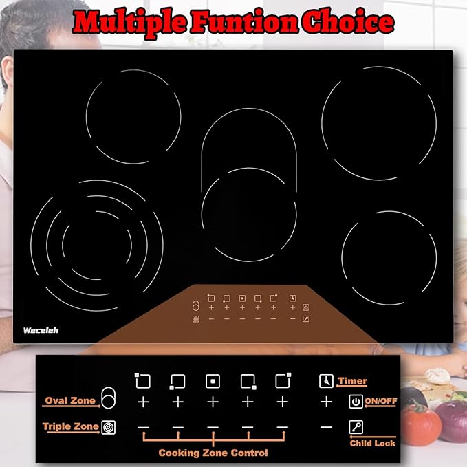 Electric Cooktop 30 Inch 5 Burners, Electric Stove Top 30 Inch, Glass Flat Top Ceramic Cooktop Stove, Built-In, Timer, Child Lock, 9 Power Levels, Black, 220-240V(No Plug), 8500W