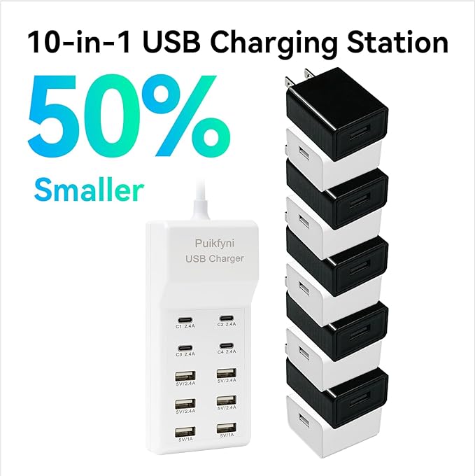 Portable USB C Charging Station,4 -C- Ports, USB Charging hub 10-Ports/USB c Charger Block for Multiple Devices Phones Tablet Smartwatch Headphones Speakers (USB-4C+6A)