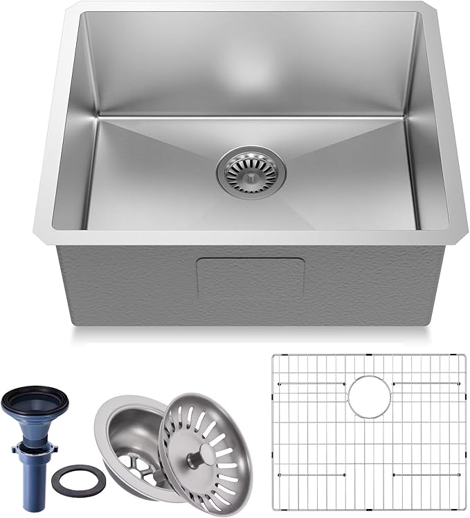 23 inch Undermount Handmade 18 Gauge Single Bowl Stainless Steel Kitchen Sink with Accessories