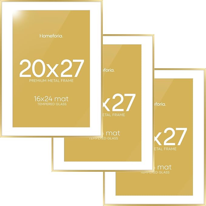 Homeforia 20x27 Picture Frame Gold, High End Metal 20x27 Poster Frames with Mat 16x24 Photo, 20 x 27 Gold Frame Matted to 16 by 24 Print, 27by20 Thin Hanging Frames, Tempered Glass, Wall Kit, Set of 3