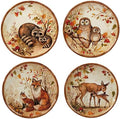 Pine Forest 8.5" Ceramic Salad/Dessert Plates, Set of 4 – Woodland Animal Autumn Plates Featuring Owl, Deer, Fox & Raccoon – Perfect for Fall Entertaining, Appetizers, or Gifts