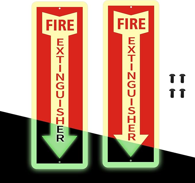 Fire Extinguisher Sign,2 Pack Reflective Fire Extinguisher Signs for Business,4 x12 Inch Aluminum Metal Safety Signs,Glow in the Dark,Weather Proof, Easy to Install,Indoor Outdoor Use