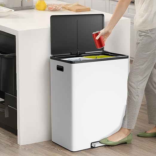 16 Gallon Dual Compartment Trash Can - Stainless Steel Kitchen Recycling Bin with Double Removable Inner Buckets, Step Pedal, Soft-Close Lid, Rectangular White Garbage Can for Efficient Waste Sorting