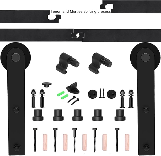 CCJH 9.6FT Single Sliding Barn Door Hardware Kit Black Carbon Steel Hanger Flat Track System for Closet Kitchen 1 Door 57 inch Wide, Smoothly and Quietly I Shape Roller