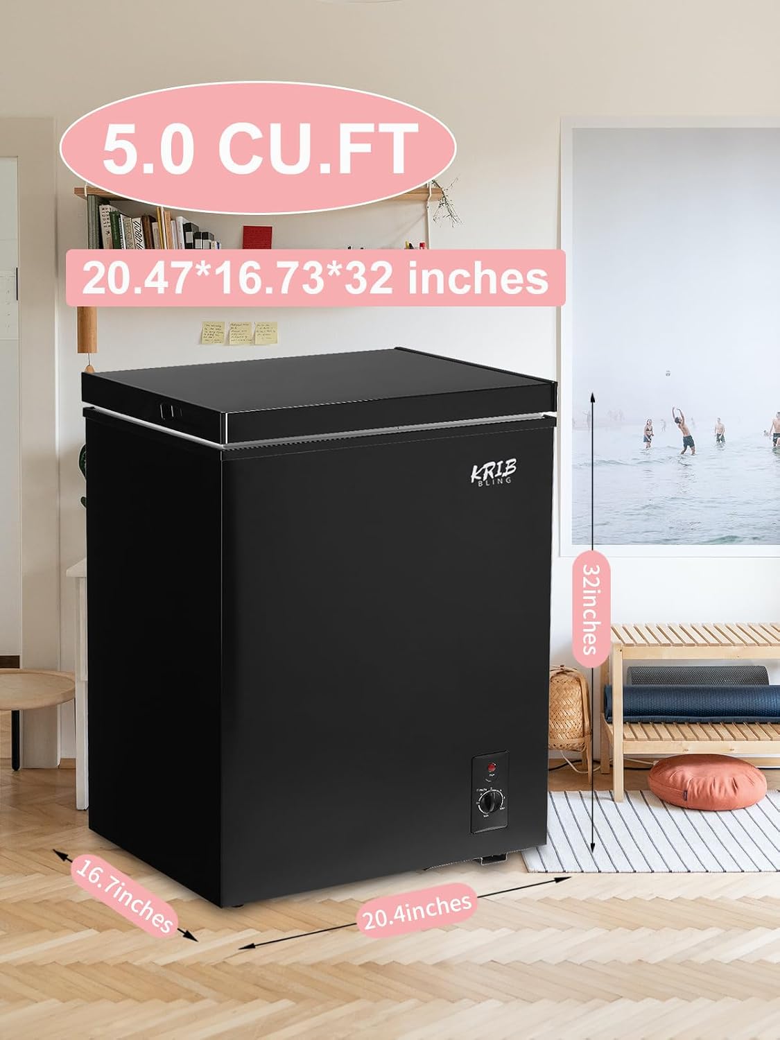 5.0 Cu.Ft Chest Freezer with 7 Gears Temperature Control(-16°F to -48°F), Deep Compact Freezer with a Removable Basket, for House, Kitchen, Garage, Basement, Shop, Black