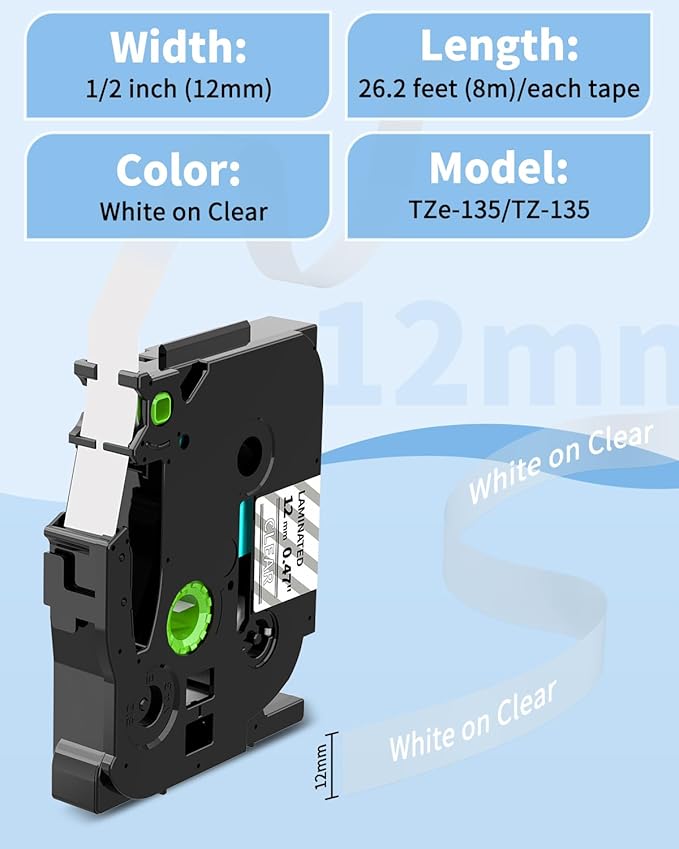 TZe-135 TZe135 TZe TZ Tape White on Clear Replacement for Brother P Touch Label Maker Tape 12mm 0.47 Laminated, Compatible with PT-D210 PT-D220 PT-H110 PT-D400 PT-D600, 1/2 in x 26.2 ft, 4-Pack