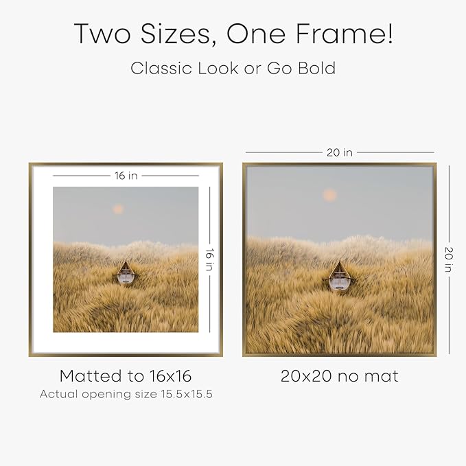 Homeforia 20x20 Picture Bronze Frames, High End Metal 20 x 20 Square Poster Frame with Mat 16 x 16 Photo, 20x20 Brass Frame Matted to 16x16 Print, 20by20 Thin Frames, Tempered Glass, Wall Kit, Set of 2