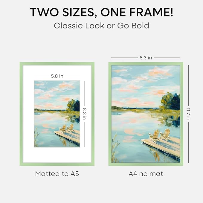 Homeforia A4 Picture Frame Sage Green, High End Metal 8.3 x 11.7 inch Poster Frames with Mat 5.8 by 8.3 Art, A4 Size Frame Matted to A5 Photo, 8.3x11.7 Wall or Tabletop Frame, Tempered Glass, Set of 2
