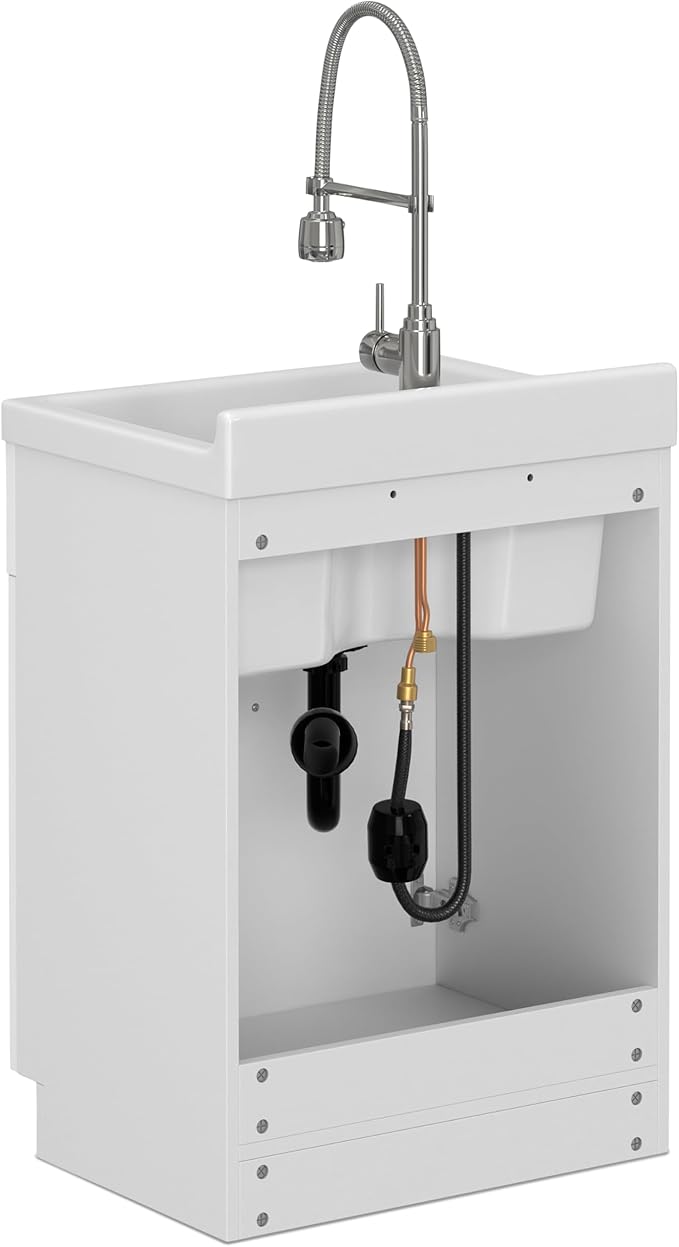 SIMPLIHOME Hennessy All-in-One 24 inch Wide Utility Sink and Laundry Cabinet in Pure White Finish, Transitional ABS Sink Cabinet for Laundry Rooms with High-Arch Chrome Faucet and Pull-Out Spray