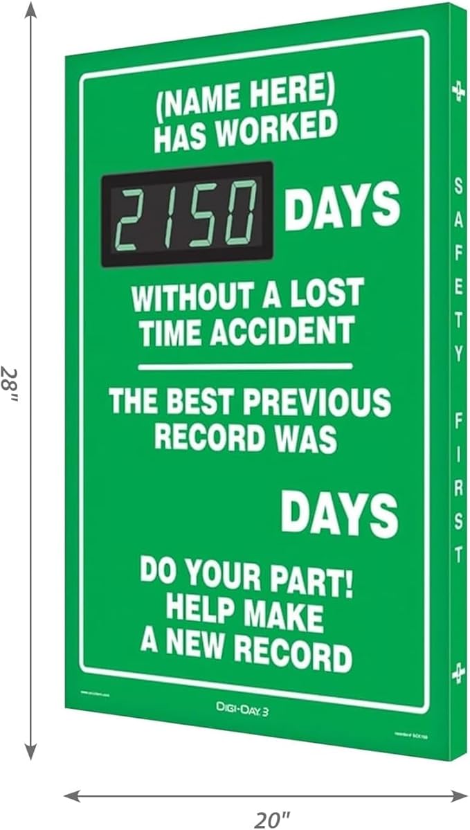 SmartSign "Add Your Name Here Has Worked_ Days Without a Lost Time Accident" Custom Electronic Safety Scoreboard | 20" x 28", Made in USA