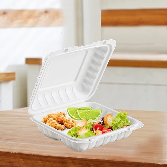 Food Containers 7.8" 30 oz 65 Pack - BPA Free Mineral Filled PP Plastic | 3 Compartment Shrink Wrap Clamshell Stackable | Reusable Freezer & Microwave Safe | White Commercial Takeout Boxes