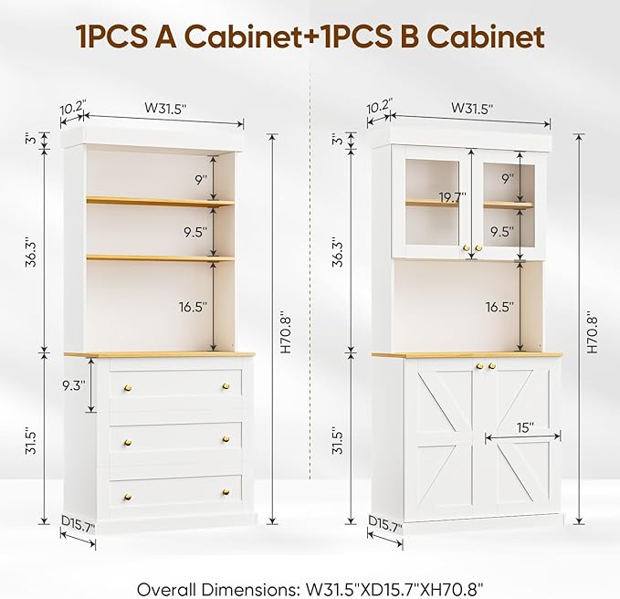 71" Tall Farmhouse Kitchen Pantry, Large Storage Cabinet with Glass Doors and Drawers, Freestanding Coffee Bar Hutch with Microwave Stand, Adjustable Shelves for Kitchen, Living Room, White 4 Pcs
