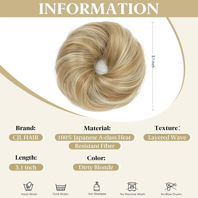 CJL HAIR 2PCs Small Cute Messy Bun Hair Piece for Thin Hair Women Mini Synthetic Curly Bun Scrunchies Updo Hairpieces Dirty Blonde